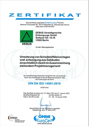 Zertifikat DIN EN ISO 14001:2015 der DEBUS Umweltgerechte Entsorgungs GmbH
