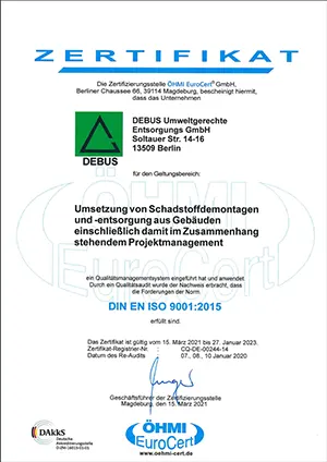 Zertifikat DIN EN ISO 9001:2015 der DEBUS Umweltgerechte Entsorgungs GmbH